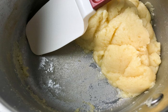 Choux pastry after it has been dried out before adding eggs