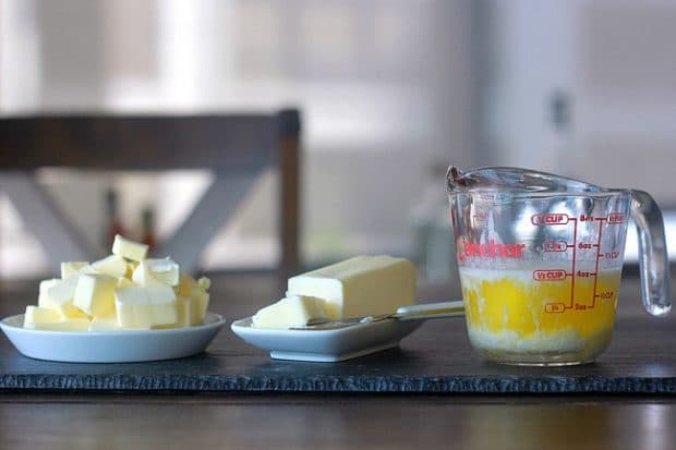 Cold cubed butter, room temperature softened butter, melted butter.