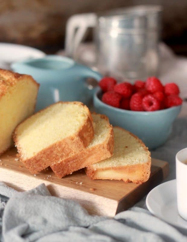 Sliced pound cake on a cutting board