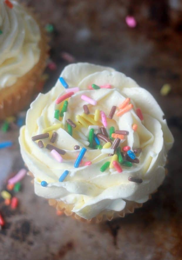 Cupcake topped with buttercream and colorful sprinkles