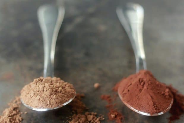 Left side is natural cocoa powder which is lighter in color, right side is dutch processed cocoa powder which is darker in color.
