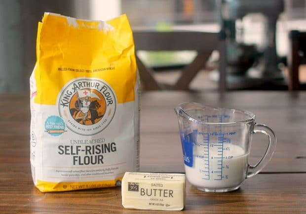 A bag of self-rising flour, butter, and buttermilk