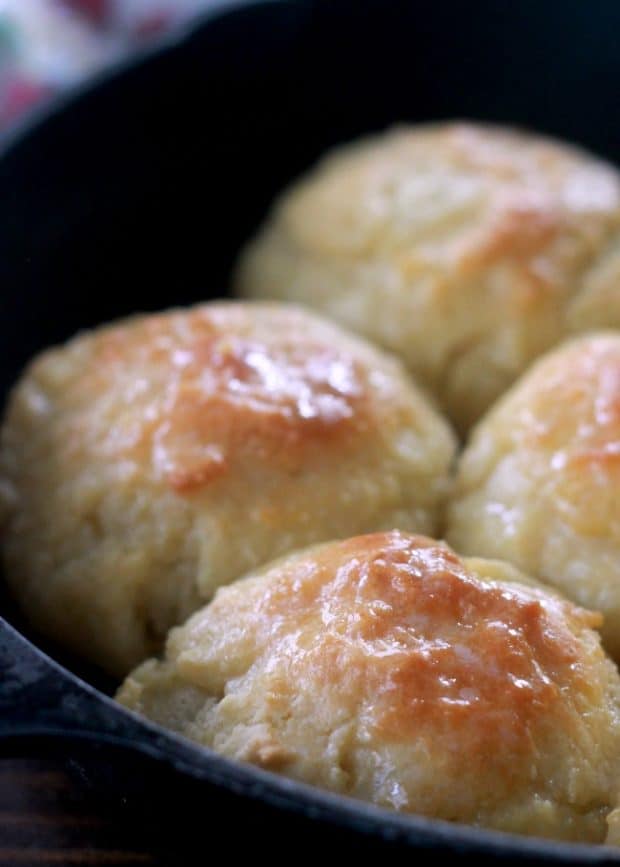 Close-up of buttery biscuits in skillet