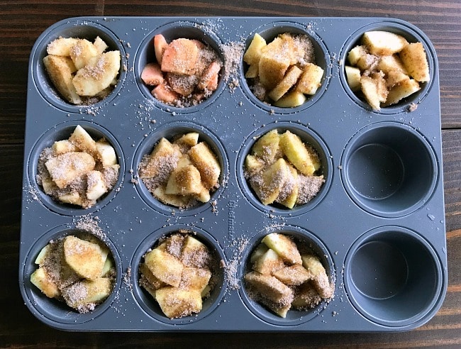 Muffin tin filled with 10 different apple pie filling testers. 