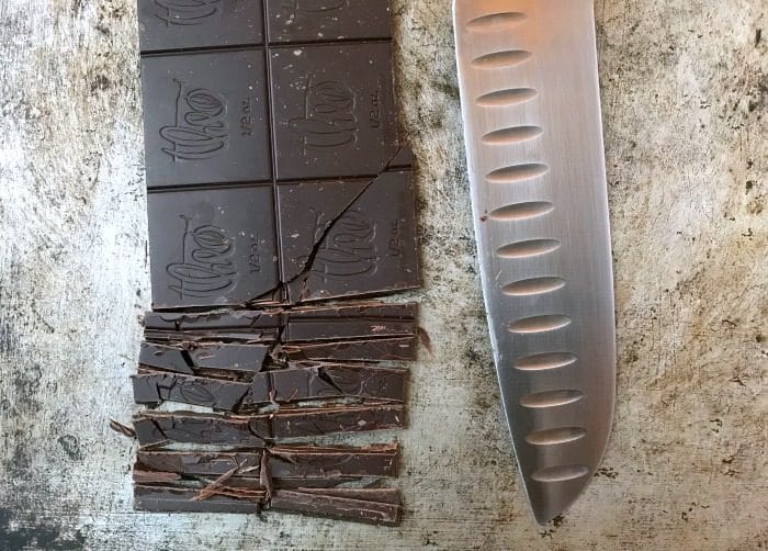 Dark chocolate chopped up for fudge